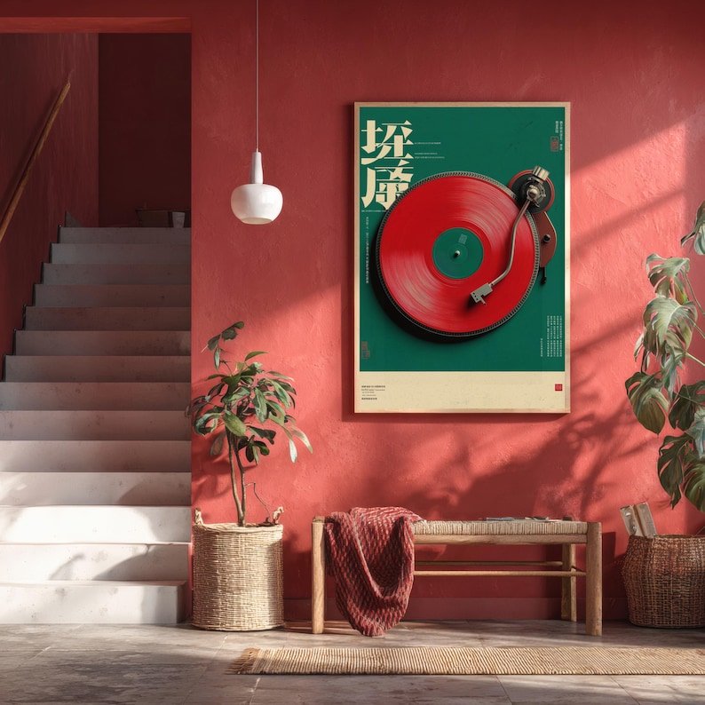 May include: A rectangular wall poster featuring a vibrant red vinyl record on a dark green background with white Chinese characters. The poster is displayed on a solid red wall above a wooden bench with a draped red fabric and a woven basket plant.