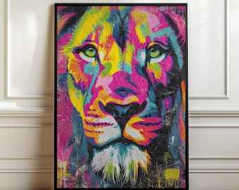 Vibrant Lion Graffiti Wall Art – Colorful Street Art Poster, Neon Pop Art Lion Print, Modern Urban Decor, Bold Animal Portrait Gift, Digital