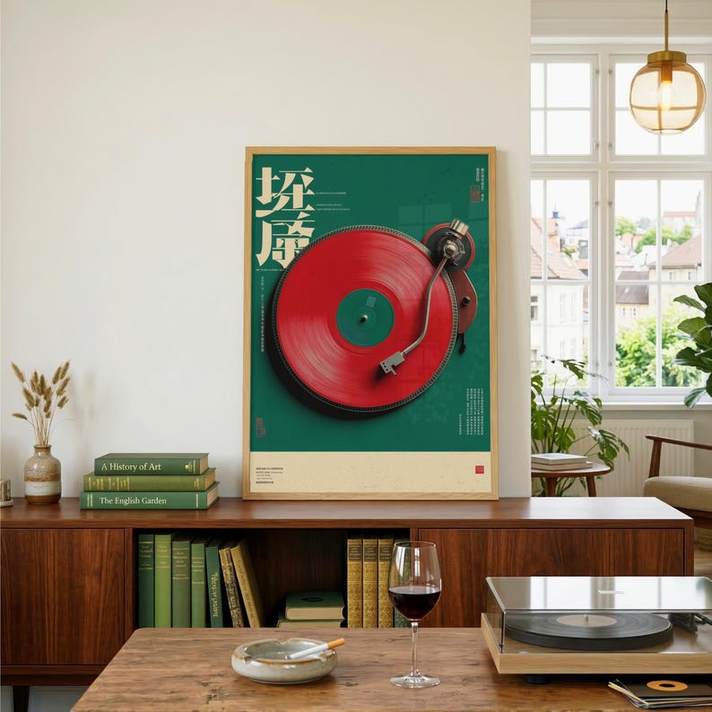 May include: A rectangular wall poster featuring a vibrant red vinyl record on a dark green background with white Japanese text. The poster includes a cream-colored border at the bottom and is displayed in a light wood frame on a white wall.