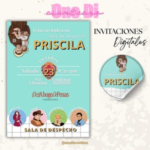 Op de afbeelding: Een digitale uitnodiging met een turquoise achtergrond toont de naam "PRISCILA" in gouden letters. De uitnodiging bevat evenementdetails, een datum van 23 oktober om 20:30 uur en illustraties van mensen. Het ontwerp bevat ook de tekst "INVITACIONES Digitales".
