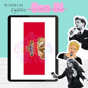 Peut inclure: Une conception numérique présentant un emballage rouge avec le texte "Testraña" et une image de nourriture, affichée sur une tablette. La conception comprend des images de chanteurs et le texte "Digitales creations" et "One Di".