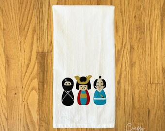 Embroidered Boys Kokeshi Towel: Japanese Dolls, Children’s Day, Asian, Artisan, Kitchen