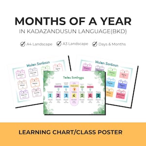Puede incluir: Un conjunto de carteles educativos y de aula titulado MONTHS OF A YEAR IN KADAZANDUSUN LANGUAGE (BKD). Los carteles muestran iconos de calendario coloridos para meses y días, con texto en kadazandusun y traducciones al inglés para el aprendizaje.