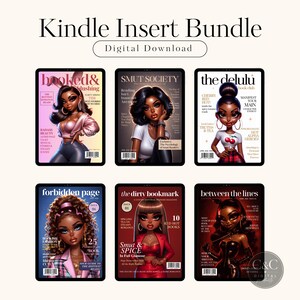 Könnte beinhalten: Ein Kindle-Insert-Bundle als digitaler Download mit sechs Magazin-Covern mit den Titeln Hooked & Blushing, Smut Society, The Delulu Book Club, Forbidden Page, The Dirty Bookmark und Between the Lines, die jeweils eine stilisierte Charakterillustration zeigen.