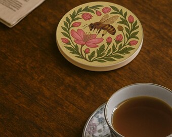 May include: Round coaster with a bee and flower design. The coaster features a bee hovering over a pink flower, surrounded by green leaves and pink buds. The coaster is on a dark wooden surface, with a teacup and saucer in the foreground.