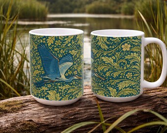 Taza con estampado floral de garza azul - Cerámica estilo William Morris