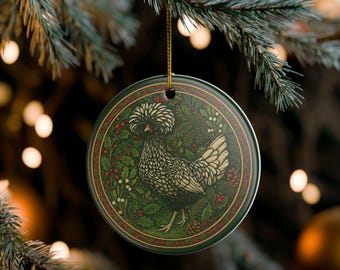 Polish Crested Chicken Ceramic Ornament Vintage Folk Art Holiday Decoration