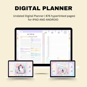 Peut inclure: Un planificateur numérique affiché sur un écran d'ordinateur et deux ordinateurs portables. Le texte "DIGITAL PLANNER" et "Undated Digital Planner | 876 hyperlinked pagesl for IPAD AND ANDROID" sont visibles. Les ordinateurs portables affichent les mots "FINANCE" et "PRODUCTIVE".