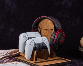 Headphone Holder, Elegant Wooden Stand, Gaming Desk Organizer, Ideal Gift for Music Lovers and Gamers