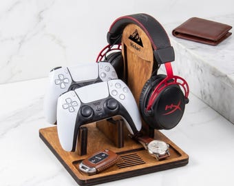 Soporte personalizado para auriculares y mando, soporte de madera para juegos, regalo para gamers, accesorios para juegos