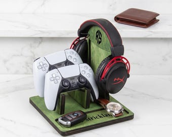 Headphone Stand, Personalized Gamer Gift, Wooden Desk Organizer, RGB Light Holder, Unique Gaming Decor
