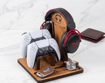 Soporte para auriculares, elegante soporte de madera, organizador de escritorio para juegos, regalo ideal para amantes de la música y jugadores.