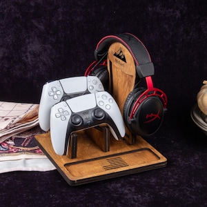 Supporto per cuffie personalizzato, elegante supporto in legno, accessorio da scrivania per gaming, ottimo regalo per audiofili e giocatori