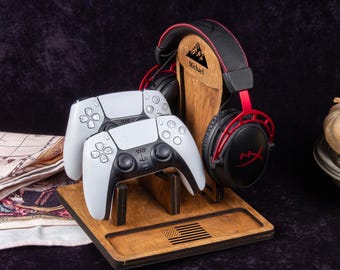 Suporte de fone de ouvido personalizado, suporte de madeira estiloso, acessório de mesa para jogos, ótimo presente para audiófilos e jogadores