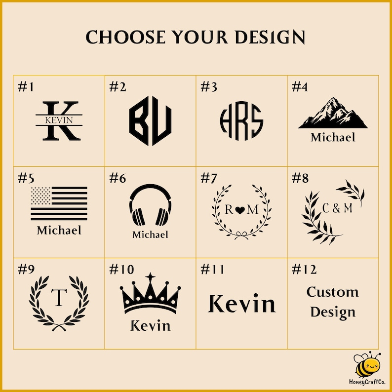 Puede incluir: Una cuadr&iacute;cula de doce opciones de dise&ntilde;o gr&aacute;fico en negro sobre un fondo beige claro, titulada CHOOSE YOUR DESIGN. Los dise&ntilde;os incluyen monogramas, una monta&ntilde;a, una bandera estadounidense, auriculares, coronas de laurel, una corona y textos.