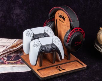 Personalized Wooden Controller & Headphone Stand: Gamer Gift