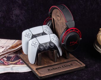 Headphone Stand, Stylish Wooden Holder, Personalized Gaming Decor, Gaming Desk Accessory, Gamer Gift Idea