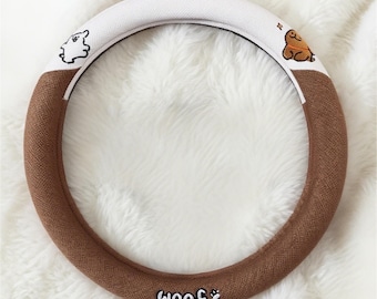 Cute Line Puppy Linen Steering Wheel Cover | Fun Dog Car Steering Wheel Cover | Non Slip Steering Wheel Cover | Universal Fit Car Accessory