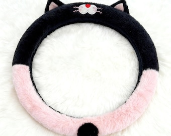 Cartoon Cat Embroidery Steering Wheel Cover | Kitten Fluffy Wheel Cover | Car Interior Accessory For Women | Winter Plush Auto Accessories