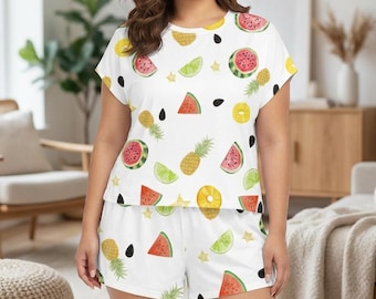 Tropische Früchte Muster Pyjama Set | Wassermelonen Ananas Limette Shorts