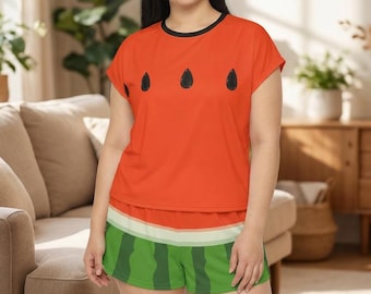 Conjunto de pijama con estampado de rodajas de sandía / Pijama de verano para mujer, pantalones cortos con estampado de frutas
