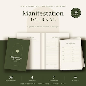 Può includere: Un diario di manifestazione verde e crema da 34 pagine, con il testo Law of Attraction, 369 Method, Scripting, Manifestation Journal, a guided printable practice, Vision board, Daily alignment e Eight areas of my life.