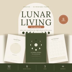 Op de afbeelding: Een Lunar Living planner-set met 32 ongedateerde printbare pagina's. De omslag is donkergroen met een cirkelvormige maanfase-afbeelding en witte tekst. Inclusief pagina's voor een volle maan release en een maancyclus-tracker.