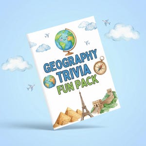 Peut inclure: Une couverture de livre blanche avec le texte "GEOGRAPHY TRIVIA FUN PACK" en bleu et vert. La couverture présente des illustrations à l'aquarelle d'un globe, d'une boussole, de nuages, d'avions, de pyramides, de la Tour Eiffel et de la Grande Muraille de Chine.