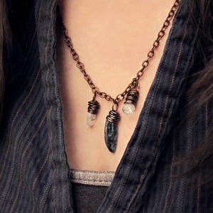 Kyanite Moonstone Necklace: Dark Blue Denim Gray White - Copper Chain - Three Friends