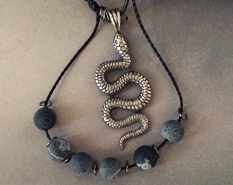 Snake Serpent Totem Mystic Necklace - Cycles Rebirth Balance - Alchemical Symbol - Black Agate - Festival Boho - Midnight on Snake Mountain