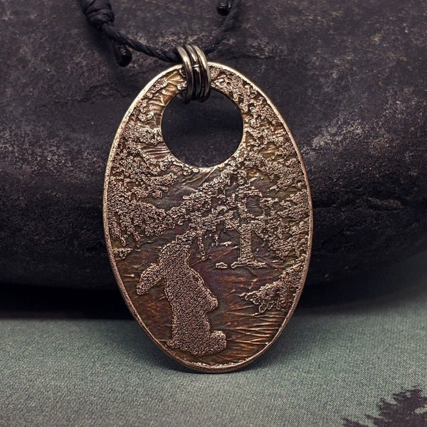 Nickel Silver Pendant - Hare Bunny Rabbit Cottontail - Forest Woodland Pine Trees - Totem Animal Spirit  - Etched Metal - c3j - CloseOut