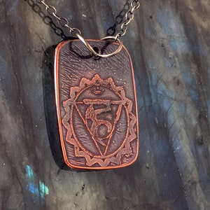 Throat Chakra Vishuddha Copper Pendant - Esoteric Symbolism - Communication Expression Self Truth - Etched Metal Jewelry - p1oc10 - CloseOut