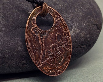 Sakura Copper Pendant - Japanese Cherry Blossom - Floral Necklace - Hanami Festival - Etched Metal Jewelry - c3a - CloseOut