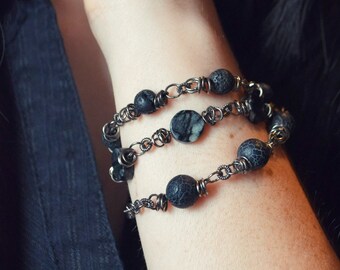Gothic Lava Rock Wrap Bracelet: Black Agate & Dyed Jade Necklace
