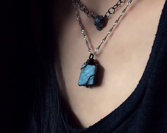 Raw Labradorite Necklace: Wire Wrapped Crystal, Raven Inspired, Magician's Stone - Piscean Shores