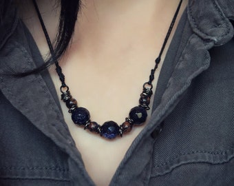 Blue Goldstone Necklace - Minimalist Simple Everyday Jewelry - Unique Witchy Sparkly Dark Fall Fashion - Goth Jewelry - Starlit Fog