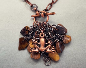 Copper Frog Tiger Eye Necklace - Amphibian Herpetology Zoology - Earth Tones - Protection Amulet - Root Sacral Chakras - Golden Visitor