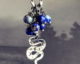 Lapis Lazuli Snake Necklace: Stainless Steel Serpent, Spiritual, Occult Jewelry - Arms of the Magician