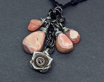 Rhodochrosite Necklace: Sterling Silver Rose, Pink Crystal Jewelry, Feminine - Rosy