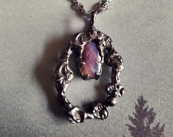 Boulder Opal Necklace - Stamped Soft Solder Tiffany Technique - Garden Inspired - Witchy Goth Boho Festival - Crystal Magick - Amethyst Sky