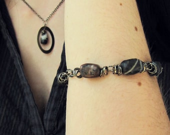 Agate Stone Necklace Bracelet Set: Gunmetal Boho Jewelry