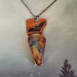 Copper Labradorite Bat Coffin Pendant - Sterling Silver Chain Metalsmith - Goth Witchy Halloween - October All Year - Night Sight