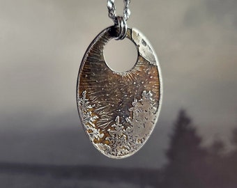 Nickel Silver Forest Full Moon Pendant - Woodland Pine Tree Evergreen Nature - Lunar Sky Moon Magick - Night - Etched Metal - c3m - CloseOut