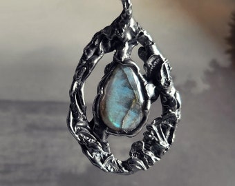 Labradorite Necklace - Stamped Soft Solder Tiffany Technique - Electric Blue - Witchy Goth - Crystal Magick - Raining in the Secret Garden