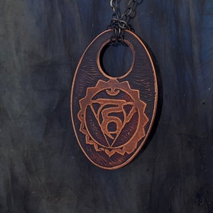 Throat Chakra Vishuddha Copper Pendant - Esoteric Symbolism - Communication Expression Self Truth - Etched Metal Jewelry - p1oc3 - CloseOut
