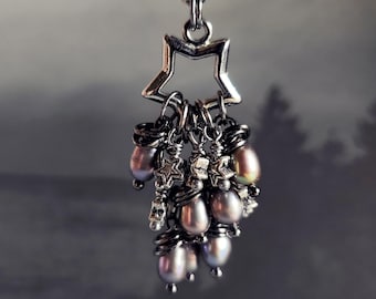 Freshwater Pearl Necklace: Gray Purple, Pewter Stars, Cluster Pendant - Dusk