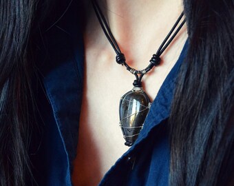 Labradorite Leather Necklace: Crystal Magick, Witchy, Boho Statement Pendant - Northern Lights Vessel
