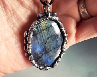 Labradorite Necklace: Rustic Soft Solder, Adjustable Leather Cord, Witchy, Goth Pendant - Echoes
