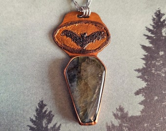 Copper Labradorite Bat Coffin Necklace: Macabre Vampire Horror - Goth Witchy Halloween - October All Year - Entombed Guardian