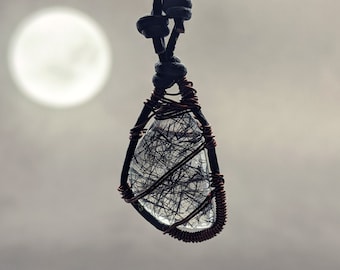 Tourmalinated Quartz Necklace: Copper Wrapped Stone Pendant, Black and White - Embrace the Storm